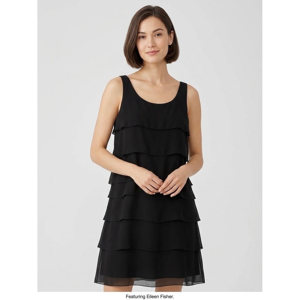 Eileen Fisher Black 100% Silk Tiered Georgette Shift Dress Petite Small PS